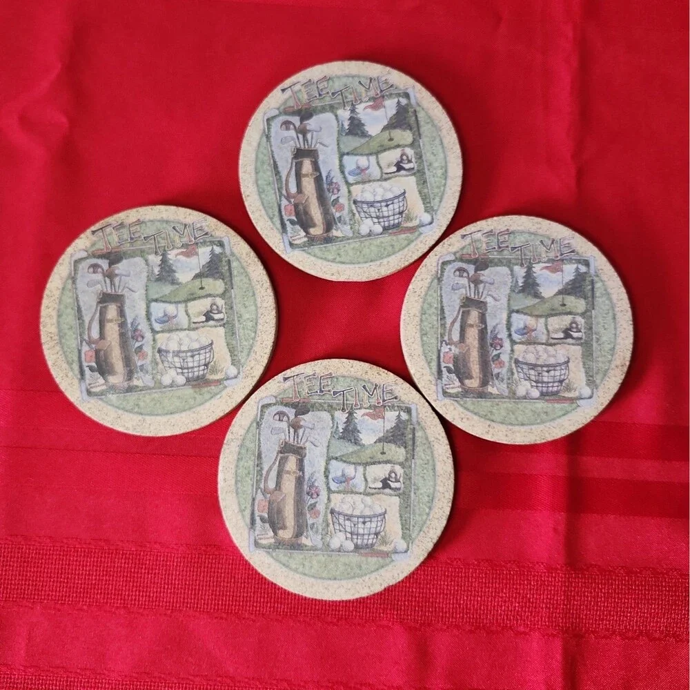 4 Vintage Thirstystone Absorbent Sandstone Coasters Cork Backing Tee Off Golf